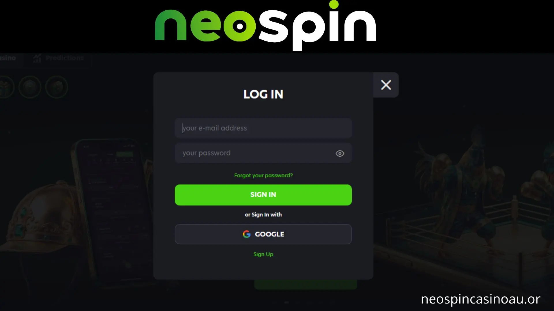 Neospin Casino login form