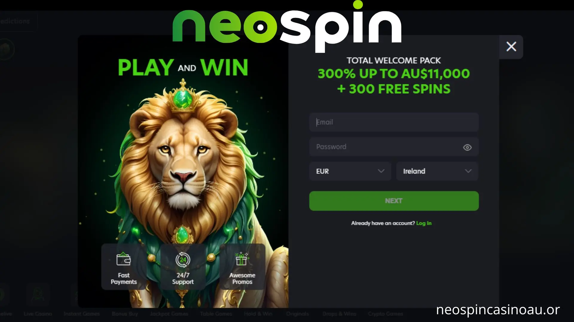 Neospin Casino sign-up form
